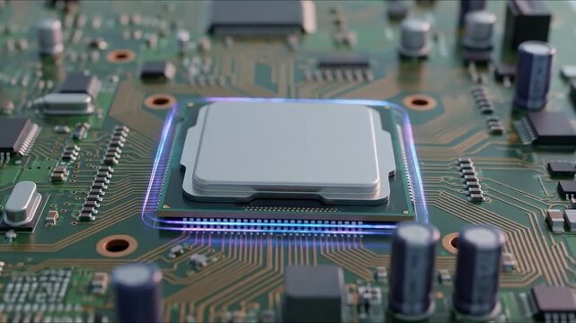 High tech computer chip processor motherboard circuit technology hardware electronic data digital cyber network, integrated circuit board glowing light modern digital technology data processing