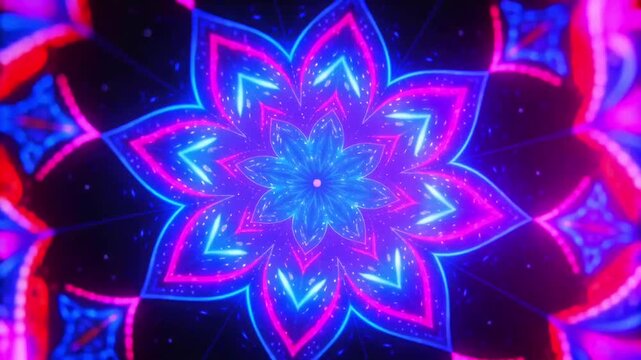 Vibrant neon mandala kaleidoscope with fast rotation, zoom pulse and glowing psychedelic symmetry