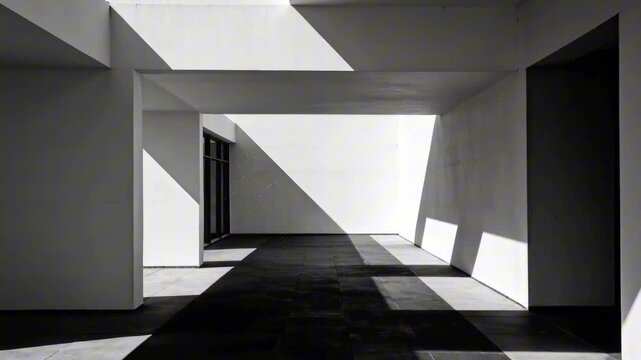 Brutalist white corridor with dramatic moving shadows and forward camera motion, abstract architectural background