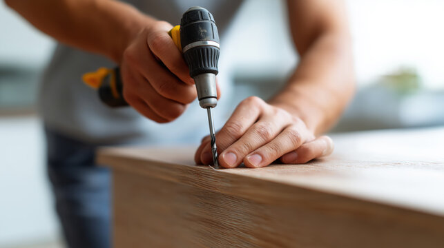 Man using electric screwdriver to assemble wooden furniture indoors  