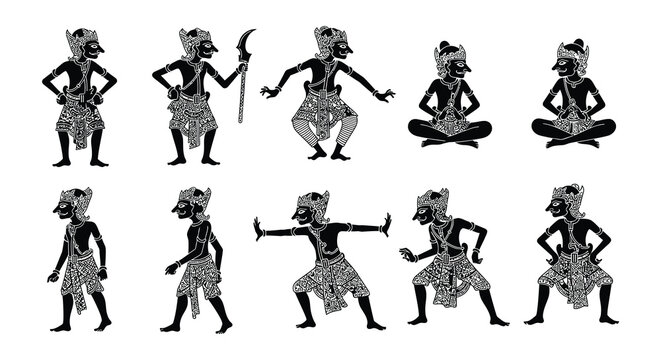Silhouettes of wayang kulit shadow puppets in various poses