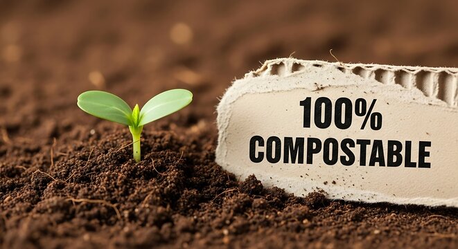 A seedling sprouts next to a cardboard fragment, conveying the message of 100% compostable