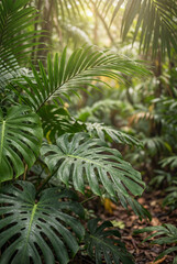 Fototapeta premium Green Tropical Leaves with Soft Sunlight Background