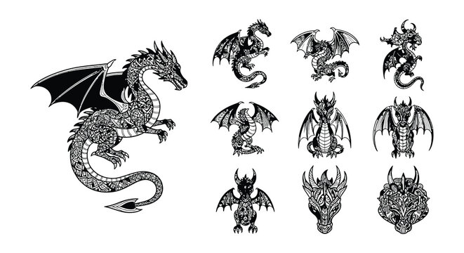 Collection of ornate black and white dragon illustrations in various poses