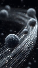 Abstract spheres move through glowing strands in dark space
