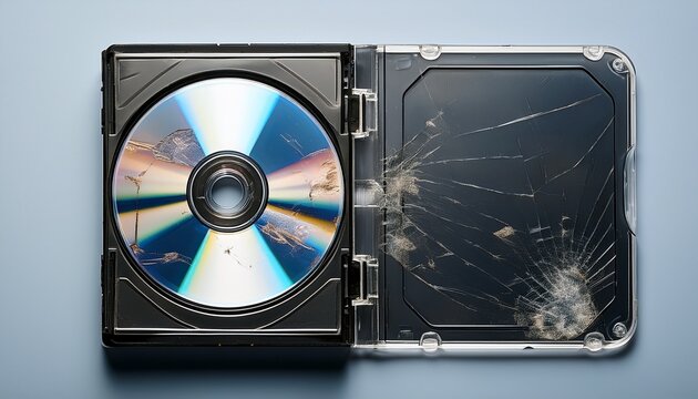 old compact disc jewel case with scratches and crack on a plain clear background