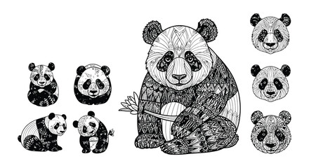 A collection of intricately drawn panda bear illustrations in black and white © nurjahan