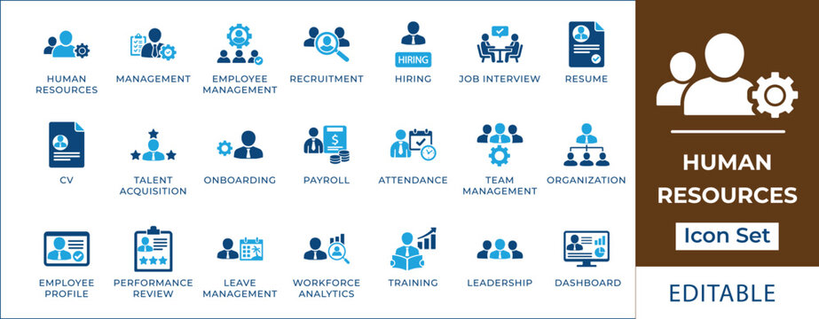 Human resources icon set featuring recruitment, employee management, talent acquisition, job interview, payroll, performance review, workforce analytics, and HR dashboard symbols.