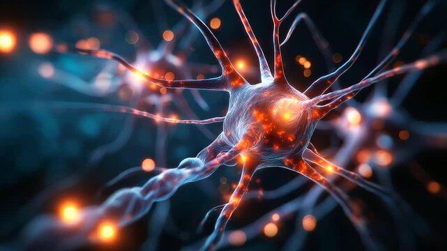 Microscopic view of neuron cells firing glowing synapses, brain activity concept, neuroscience and AI, dark background, soft focus, with copy space