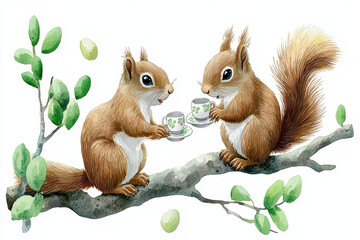 Obraz premium Watercolor squirrel tea party branch leaf cup watercolor illustration cute animal squirrel tea party tree branch green leaf teacup woodland