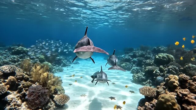 Dolphins swimming gracefully underwater - This video captures a group of dolphins swimming in crystal-clear blue water, surrounded by colorful coral reefs and schools of yellow fish.