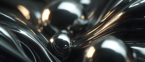 Abstract metallic spheres settle into liquid dark surface with golden highlights