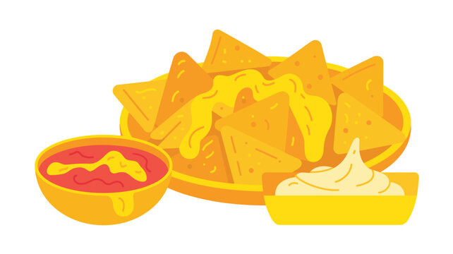 Colorful Mexican nachos platter with fresh salsa guacamole and cheese dip flat vector illustration food background