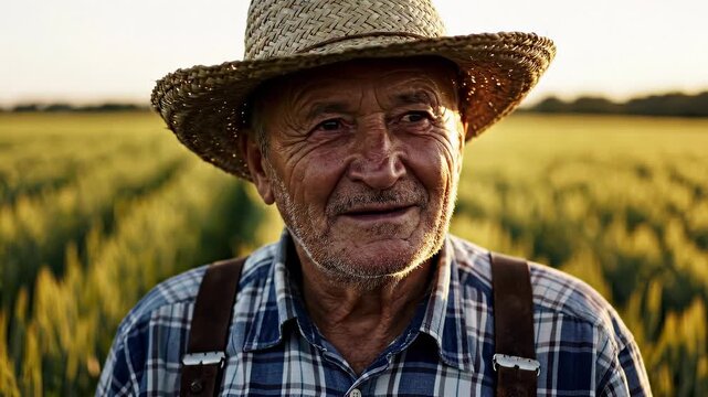 Senior farmer in wheat field during sunset. He smiles proudly, showcasing hardworking spirit. Tranquil atmosphere captures essence of rural life.
