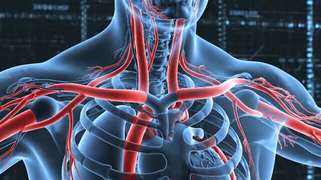 Human body circulatory system with heart and arteries