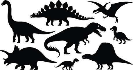Dinosaur silhouettes collection, prehistoric animals, Tyrannosaurus rex, Velociraptor, Triceratops, Stegosaurus, Brachiosaurus, Spinosaurus, Pteranodon, baby dinosaur, ancient wildlife, fossils ©  Miller
