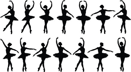 Silhouette ballerinas dancing, classical ballet poses, pirouettes, arabesques, pliés, graceful movement, tutus, elegance, discipline, performance art, expressive posture ©  Miller