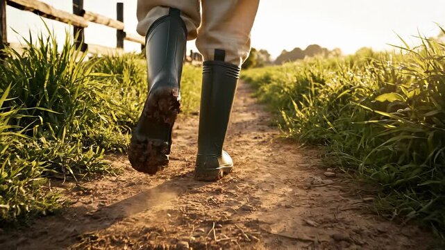Person walks along dirt path in green rubber boots. Outdoor scenery reflects tranquil morning atmosphere. Nature connects with study of farming and agriculture.