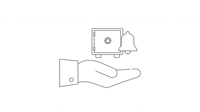 Hand Holding Safe with Alarm Bell Line Art Illustration.