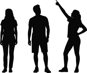 Silhouette people standing, expressive gestures, upright posture, pointing upward, confident stance, casual attire, individuality, body language, group concept, design ©  Miller