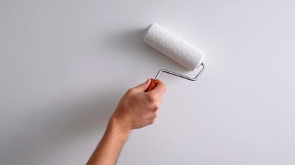 Hand holding paint roller while painting white wall indoors  