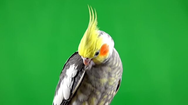A cockatiel with a vibrant yellow crest stands against a green background, looking directly at the camera with a white banner below