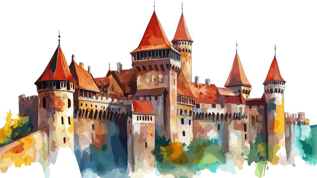 Corvin Castle. Corvin Castle watercolor vector illustration