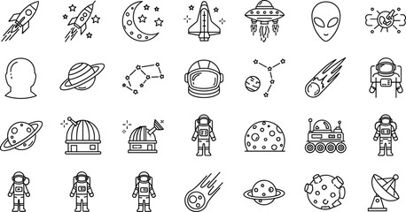 Set of line space icons featuring rockets, astronauts, planets, UFO, alien, constellations, observatory, rover, comet and satellite for science and astronomy design projects © Atabur