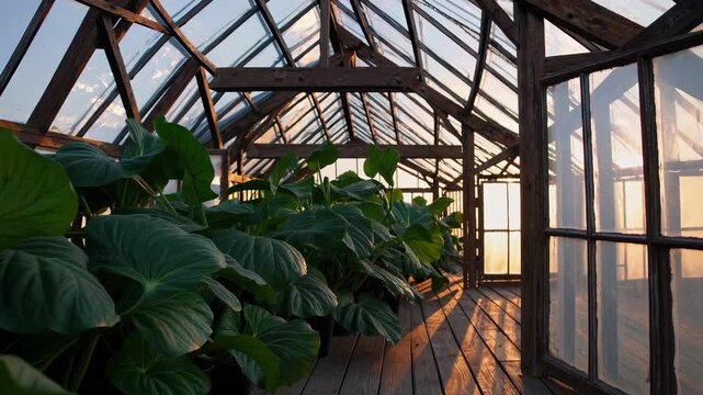 Inside greenhouse, each seedling in pot stretches leaf to light. Farming builds agriculture. Growth of every plant, every sprout, every seedling, every leaf depends on daily care and cultivation