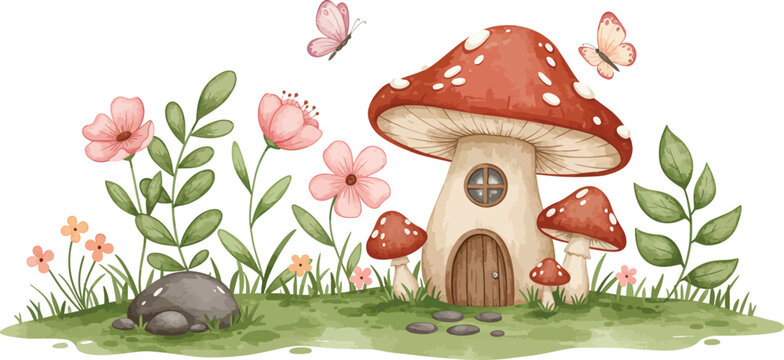 Whimsical illustration of a mushroom house with flowers and butterflies in a fairy garden scene