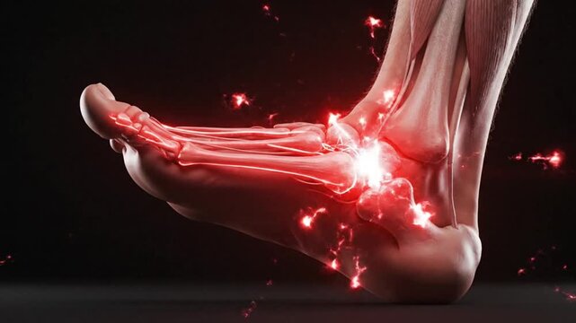 Human foot with highlighted bones and joints showing pain or inflammation