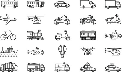 Transportation vehicles outline icons set featuring cars, buses, trucks, aircraft, helicopter, bicycle, scooter, train, ship and emergency services isolated vector collection for logistics design © Atabur