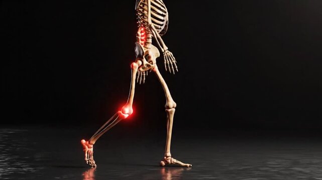 Human skeleton with highlighted joints on a dark background