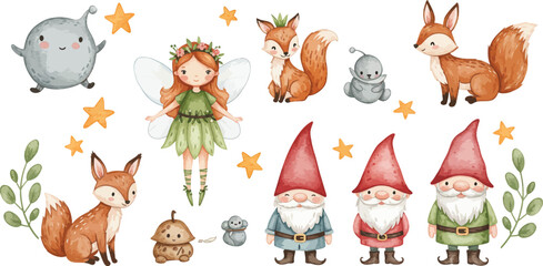 Naklejka premium Whimsical forest creatures and gnomes with fairy and animals in a magical setting