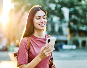 Young woman enjoys sunny day while using smartphone in urban setting, highlighting her joy and connection to the world around her