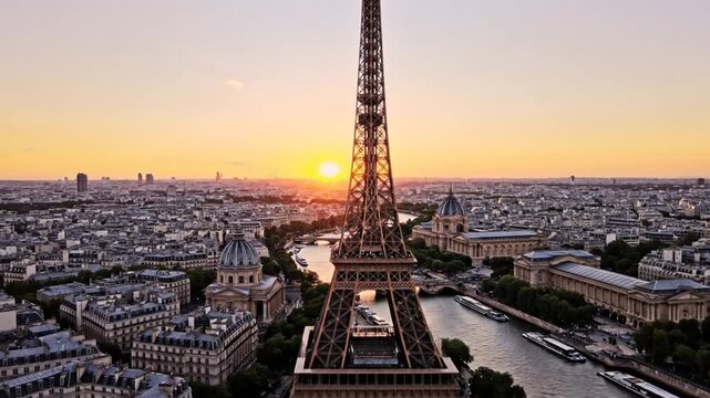 Aerial view of Eiffel Tower at sunset over cityscape and river Seine in Paris, France, with boats cruising, ideal for travel brochures