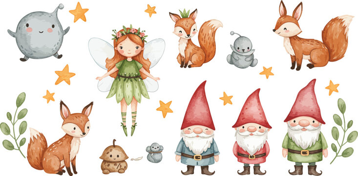 Whimsical forest creatures and gnomes with fairy and animals in a magical setting