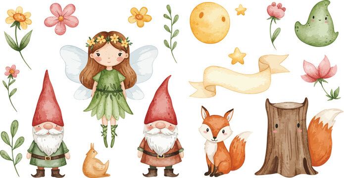 Whimsical illustration of fairy garden creatures and flowers in a fantasy setting with magic elements
