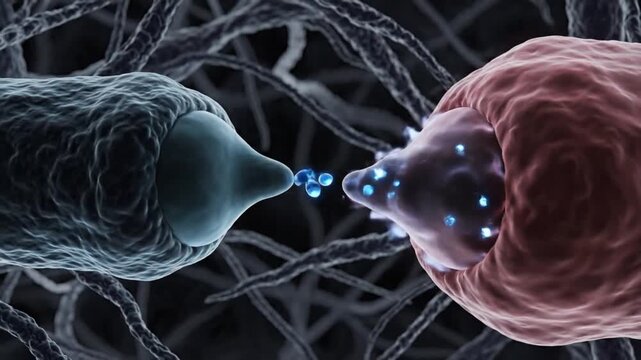 Synaptic Transmission: Neuron Cells Communicating with Blue Neurotransmitters