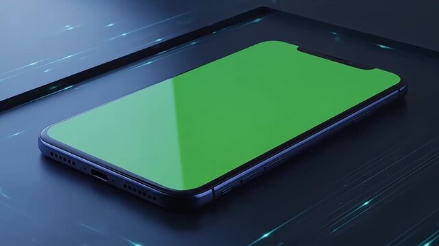 Smartphone with Green Screen Mockup Lying on Blue Electronic Circuit Board Background