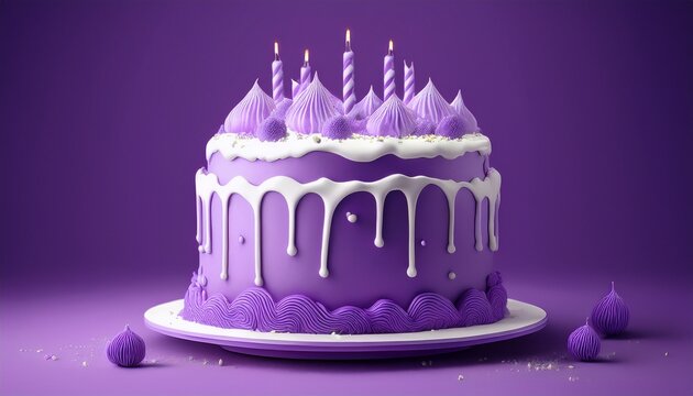 birthday cake purple with white icing and solid puple background generative ai