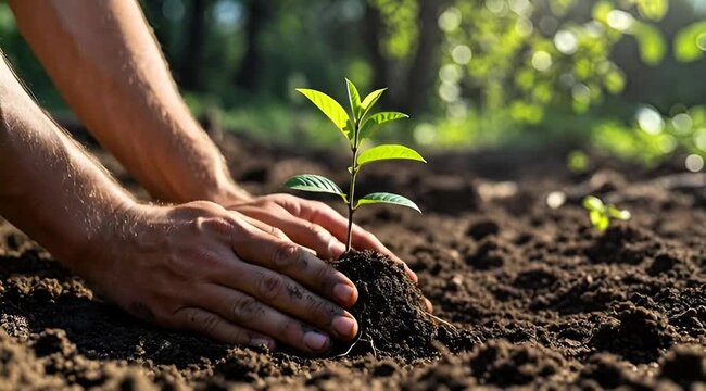 Hands Planting a Small Green Tree Sapling in Fertile Soil
