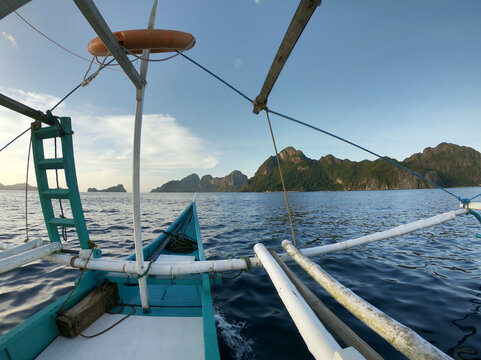 Beautiful landscape scenery in El Nido, Philippines. Filipino wooden boat trip.