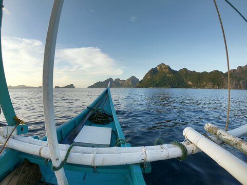Beautiful landscape scenery in El Nido, Philippines. Filipino wooden boat trip.