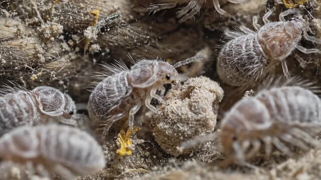 Close-up of springtails in their natural habitat