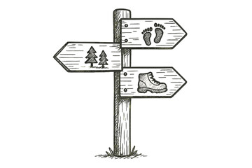 A hand-drawn sketch of a wooden signpost with three directional arrows featuring footprints, pine trees, and a hiking boot, symbolizing outdoor adventure and nature exploration. © Andrei