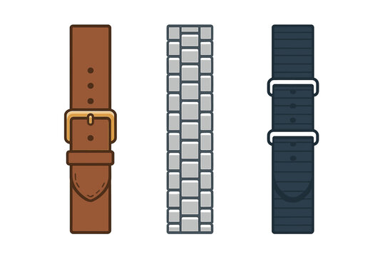 An illustration featuring three different types of watch straps: a brown leather band with a gold buckle, a silver metal link bracelet, and a dark blue fabric strap on a black background.