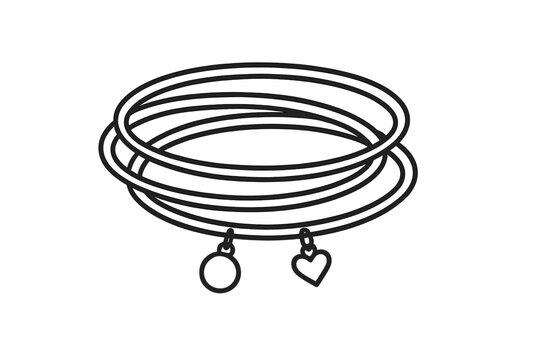A black and white line drawing of a stack of circular bangles featuring two hanging charms, one shaped like a heart and the other like a circle, set against a dark background.