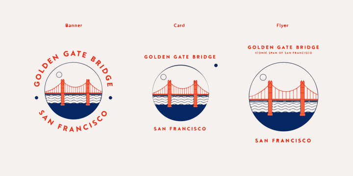 USA, US, U.S, United States - Set of cards Minimal line-art Golden Gate Bridge circle emblem SVG banner, card, flyer