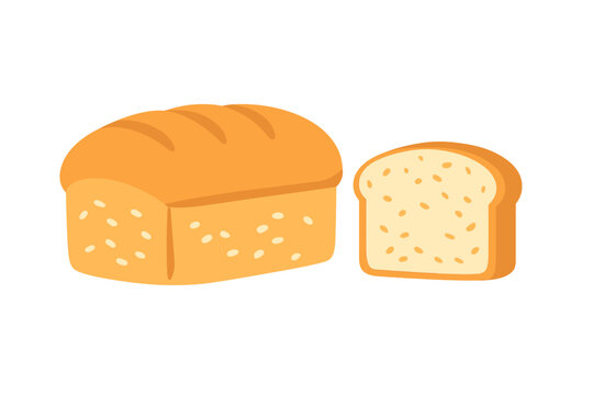 A cartoon illustration of a golden brown loaf of bread with a single slice next to it. The bread features a scored top and visible crumb texture on the slice and sides.
